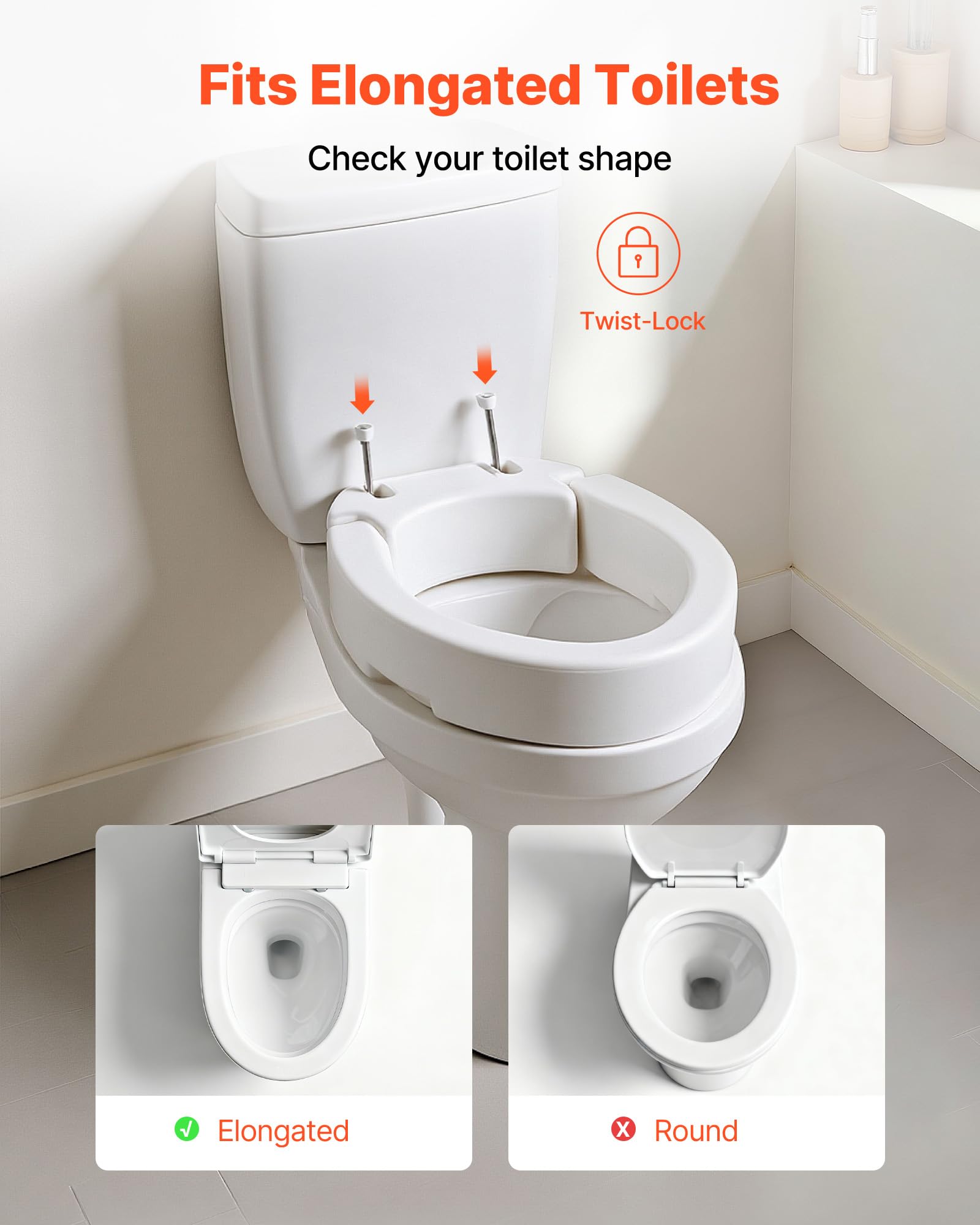 VEVOR Sedile WC Rialzato da Bagno Capacità di Carico 136 kg con Altezza di Sollevamento di 88,9 mm, Sedile WC Rialzato Universale con Apertura Allargata per Anziani, Tazze WC Allungate