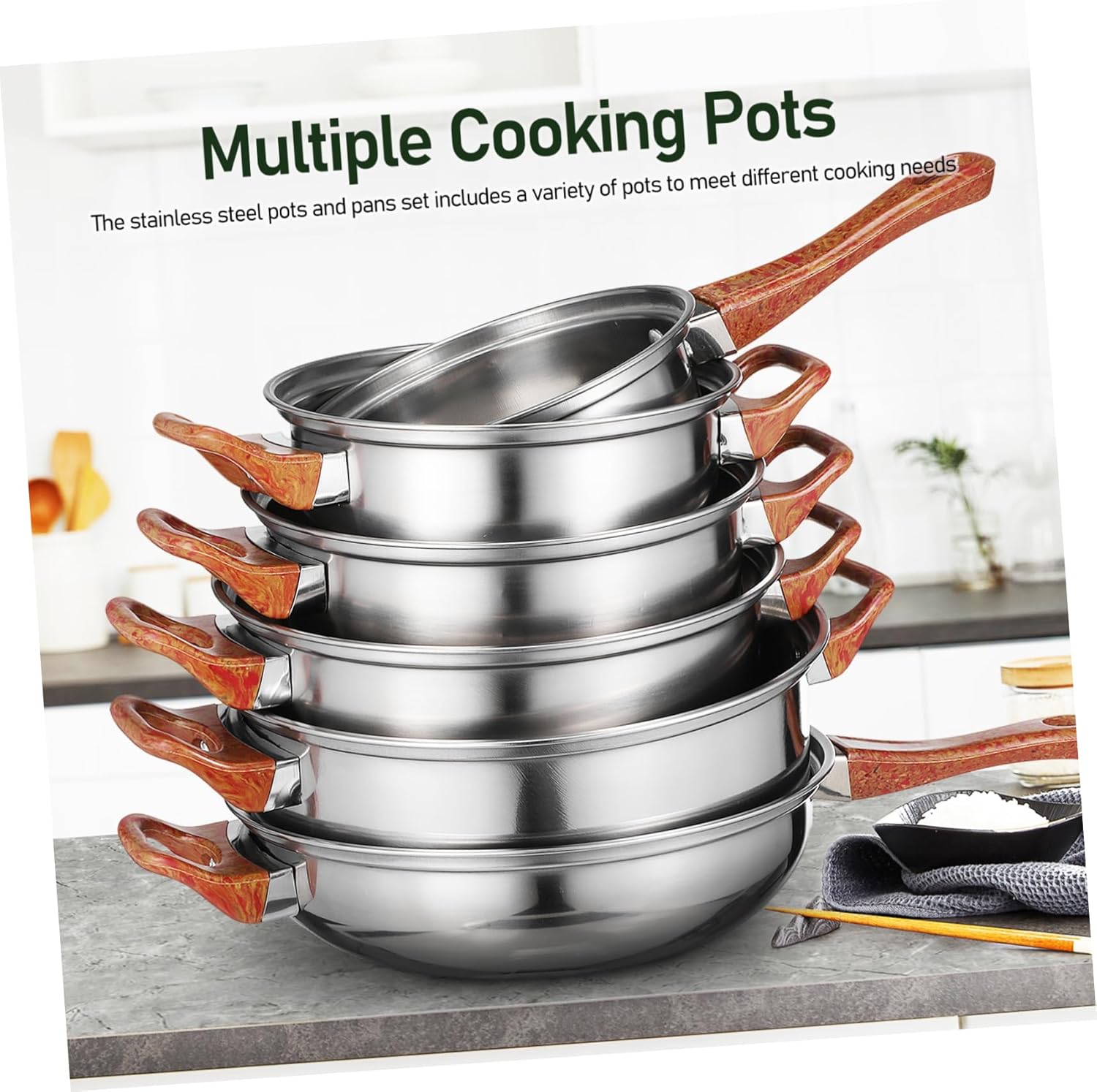 BESTOYARD 6pcs Stainless Steel Cooking Pot Set with Grain Handle Nonstick Cookware for Induction Electric and Gas Stovetops Versatile and Easy to Clean