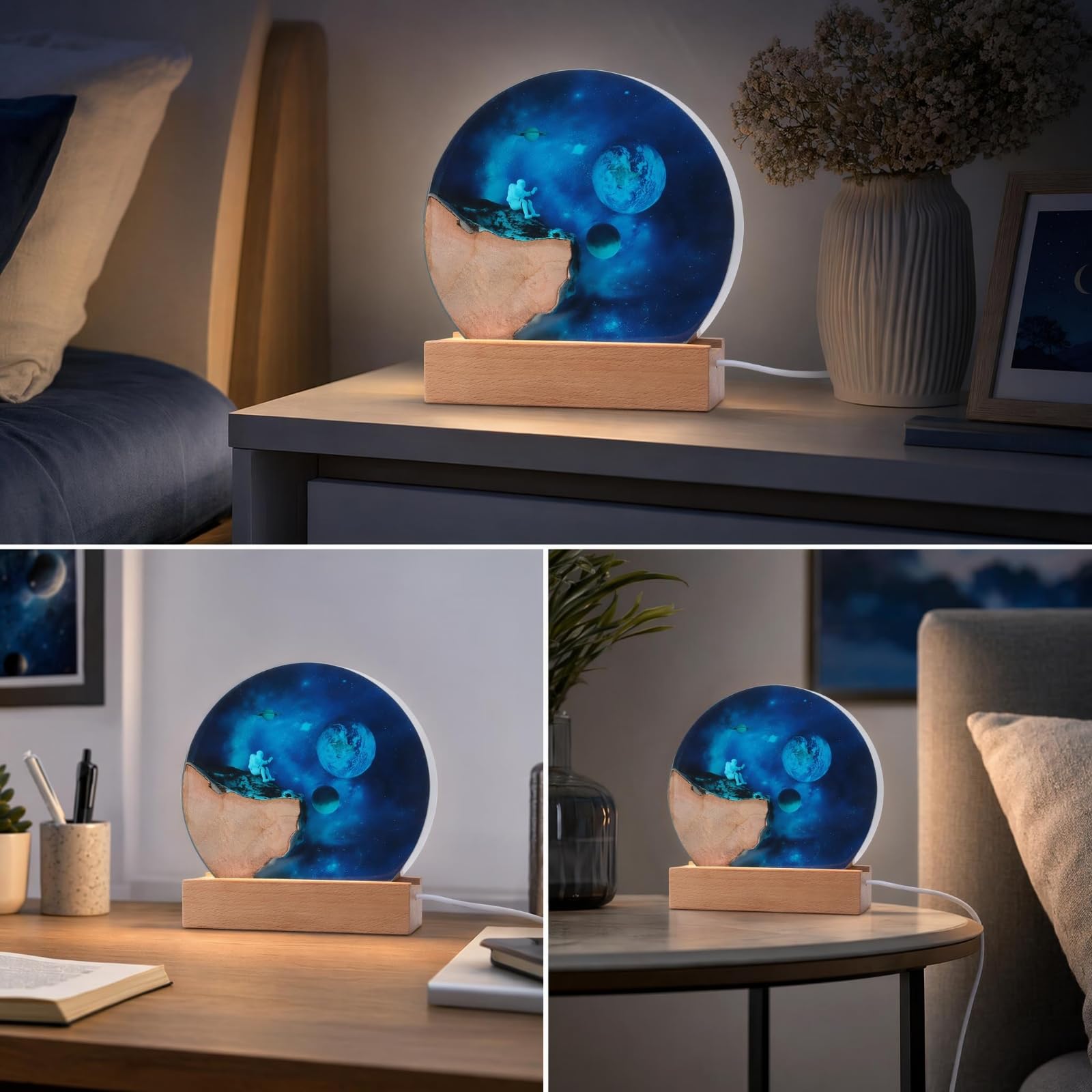 rockible Universum-Nachtlicht mehrfarbig Epoxidharz-Lampe mit Holzsockel sanft Harzlampe für Kinderzimmer