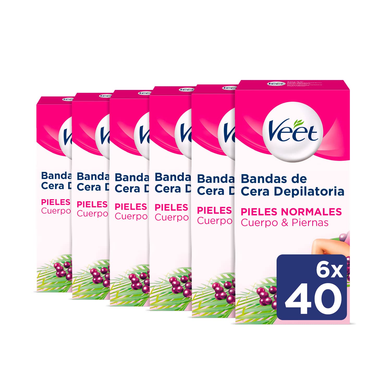 Veet Bandas de Cera Fria Depilatoria para Depilación de Cuerpo y Piernas con Manteca de Karité y Bayas de Açaí - Easy Gelwax - Pieles Normales - 6x40 bandas