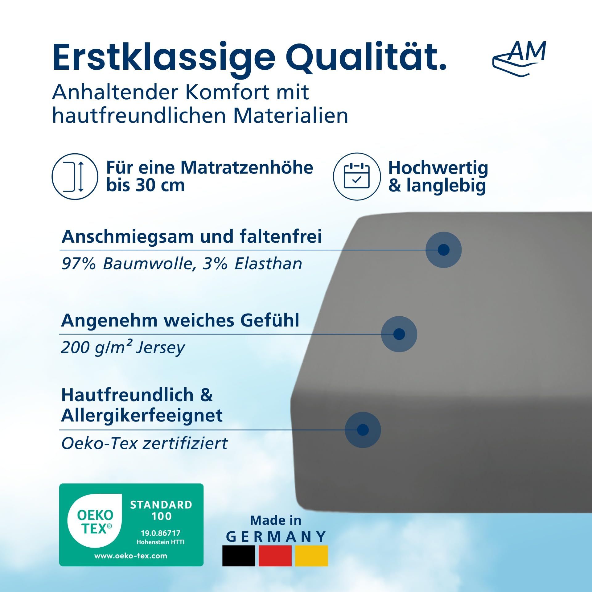 AM Qualitätsmatratzen Premium Spannbettlaken 140x200cm Baumwolle (200gsm) in Anthrazit - Made in Germany - Oeko TEX zertifiziertes Bettlaken 140x200 Baumwolle - Jersey Spannbetttuch - Fitted Sheets
