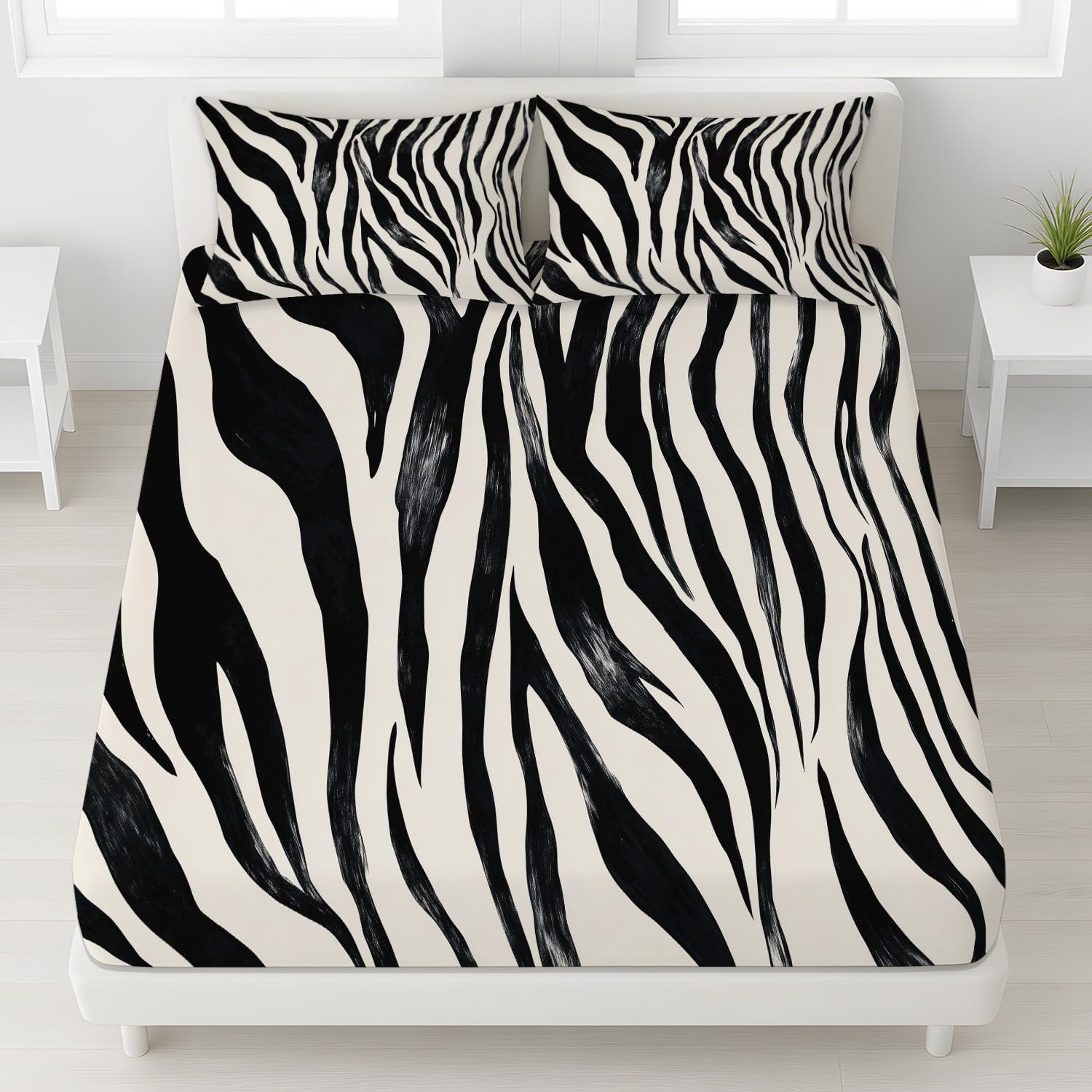 Minimalistisch Zebraprint Spannbetttuch Elegant Tiermuster Spannbettlaken 140 x 200 x 30 cm 3teilig Mikrofaser Bettwäsche Set mit 2 Kissenbezüge 80 x 80 cm Kein Flachbettlaken