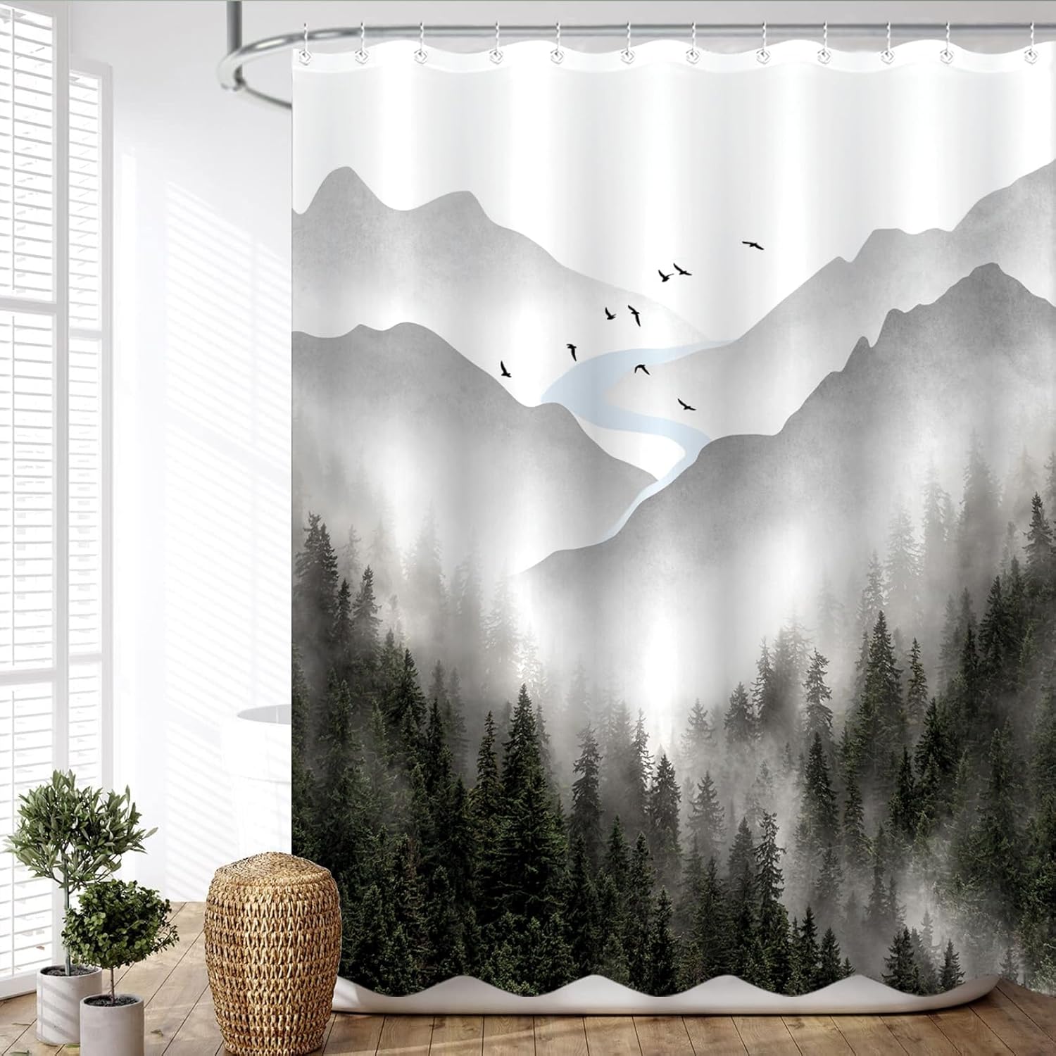 Extra Long 84 Inch Gray Misty Forest Shower Curtain Grey Nature Foggy Tree Mountain Shower Curtains for Bathroom Waterproof Fabric Woodland Decorative Modern Bath Curtain (Dark1, 72" x 84")