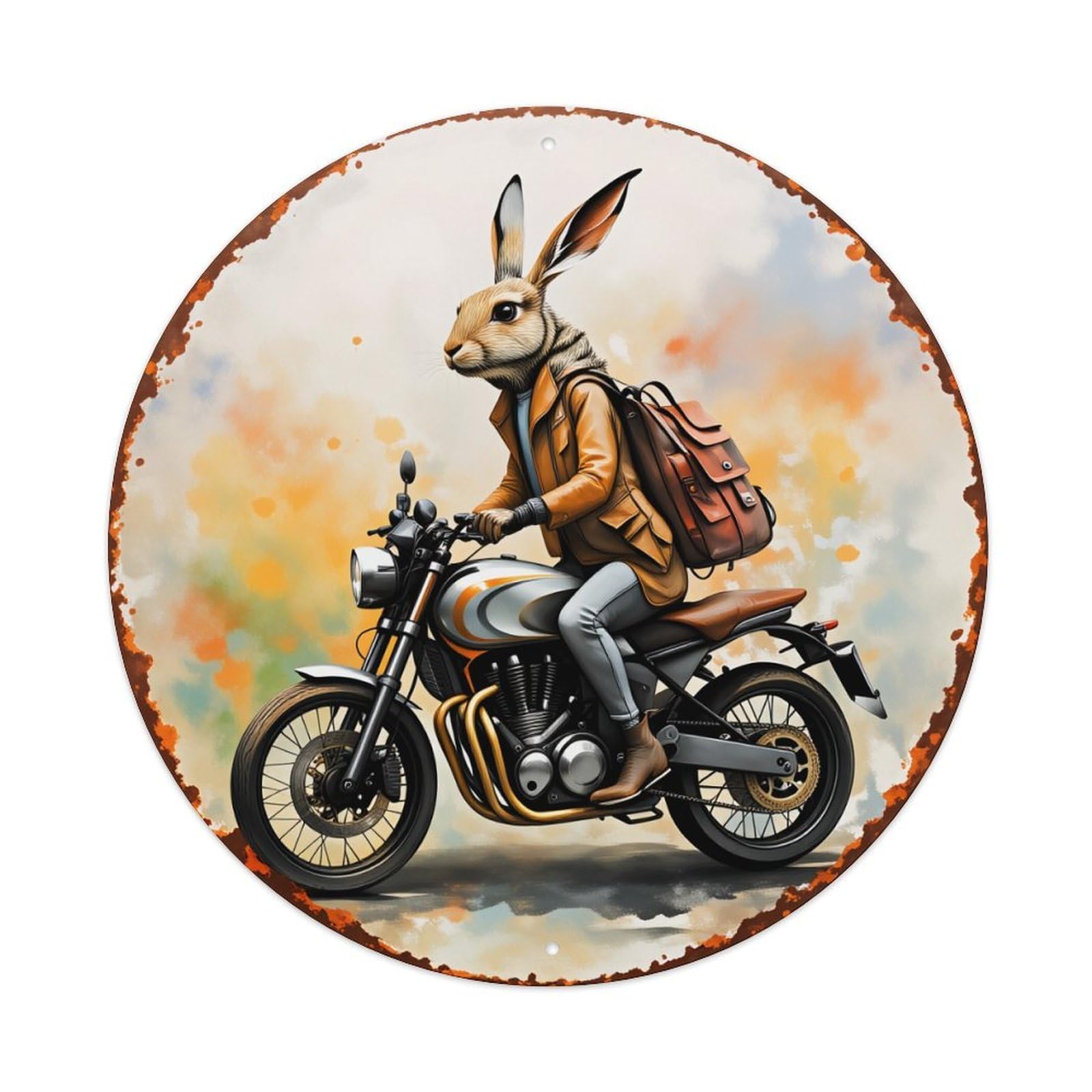Rabbit Rider Motorcycle Adventure Art Vintage Metal Tin Sign Retro Wall Decor for Home Bar Garage Cafe, Indoor & Outdoor Decorative，circle Metal Poster, 8x8 Inch
