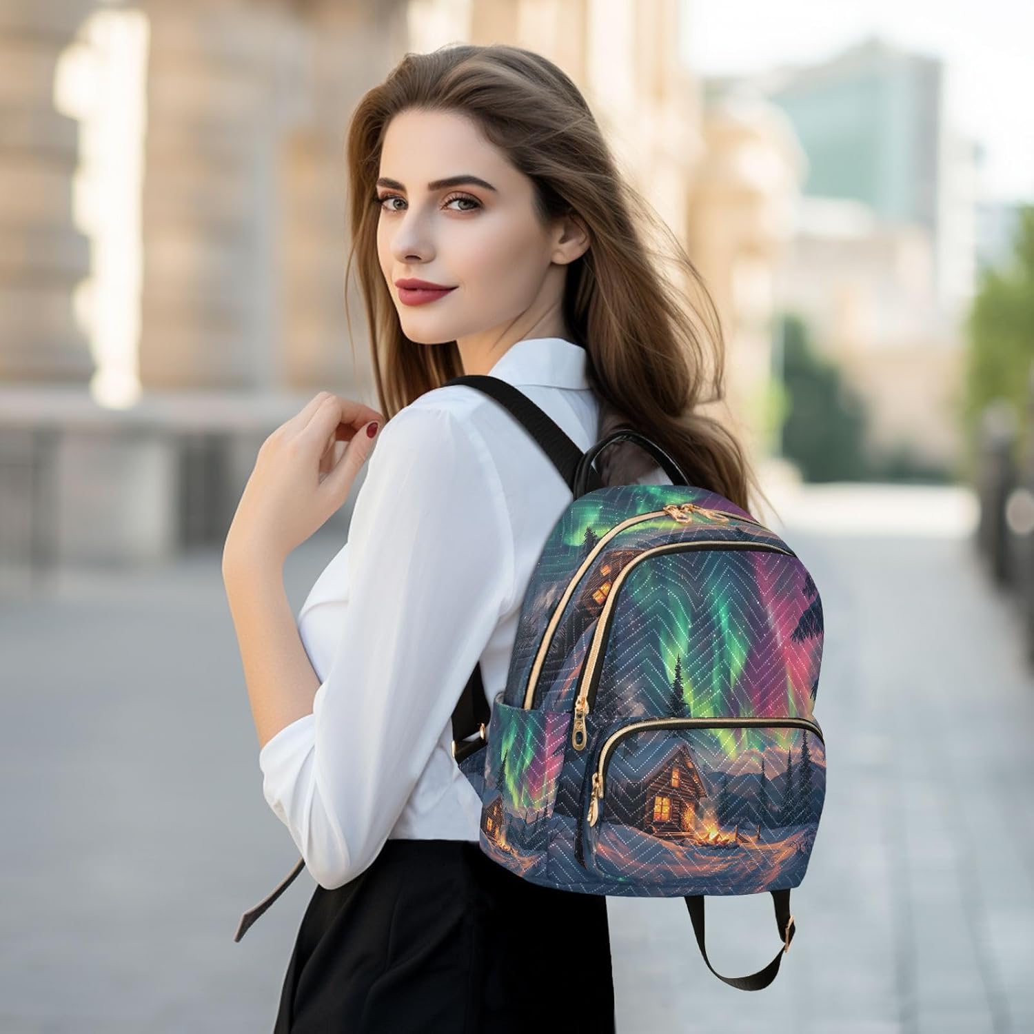 Wooden House Aurora Sky Backpack Purse for Women Shoulder Bag Fashion Daypack Ladies Handbag Lightweight Travel Bag Rucksack