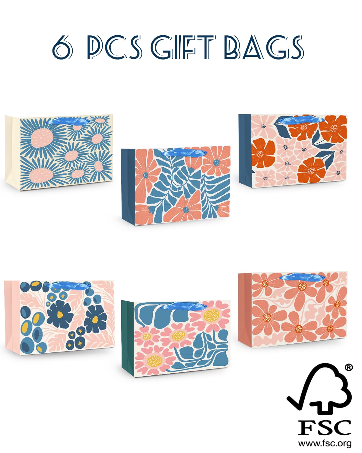 qiqee Medium Paper Gift Bags with Tissue Paper Handles 6PCS Winter Flowers Cardboard Floral Gift Bags for Women Mom Grandma Party Supply (6PCS Bags+Tissue Paper)
