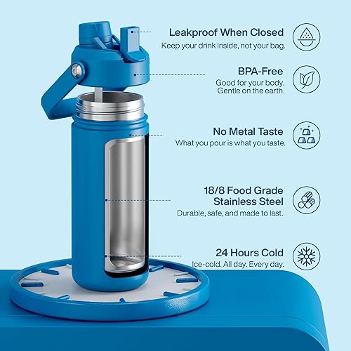 Miniatura 681 de ENCOOL Botella de agua aislada con popote, de acero inoxidable, a prueba de fugas, sin BPA, al vacío de doble pared que se mantiene fría durante 24