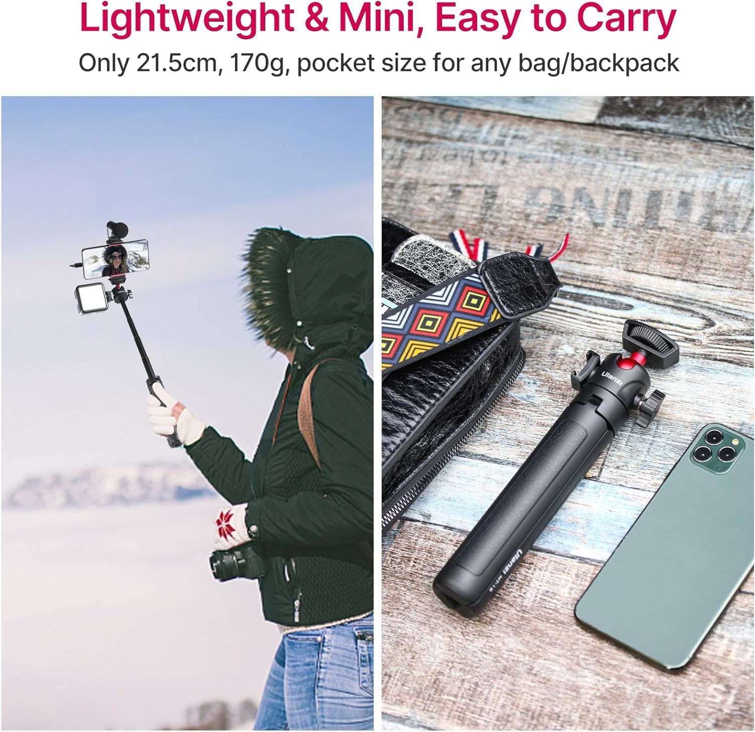 Mini Kamera Stativ, ULANZI MT-16 Vlogging Stativ mit 360° Kugelkopf 1/4 Schraube Cold Shoe Mount, Mini Tripod ausziehbar 22cm bis 44cm, Klein Camera Tripod für DLSR Canon Nikon Sony Kamera Smartphone
