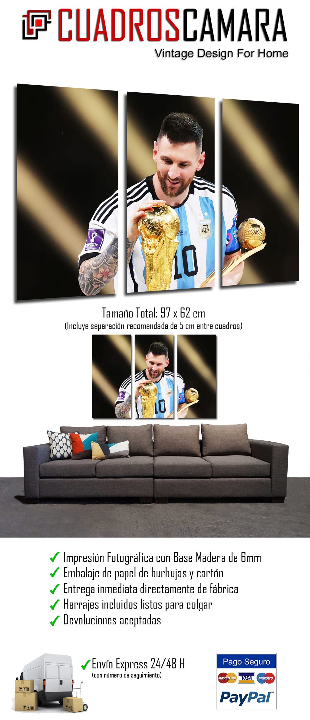Quadro Moderno Calcio Argentina Campione del Mondo Lionel Messi Pallone Oro 97x62 cm