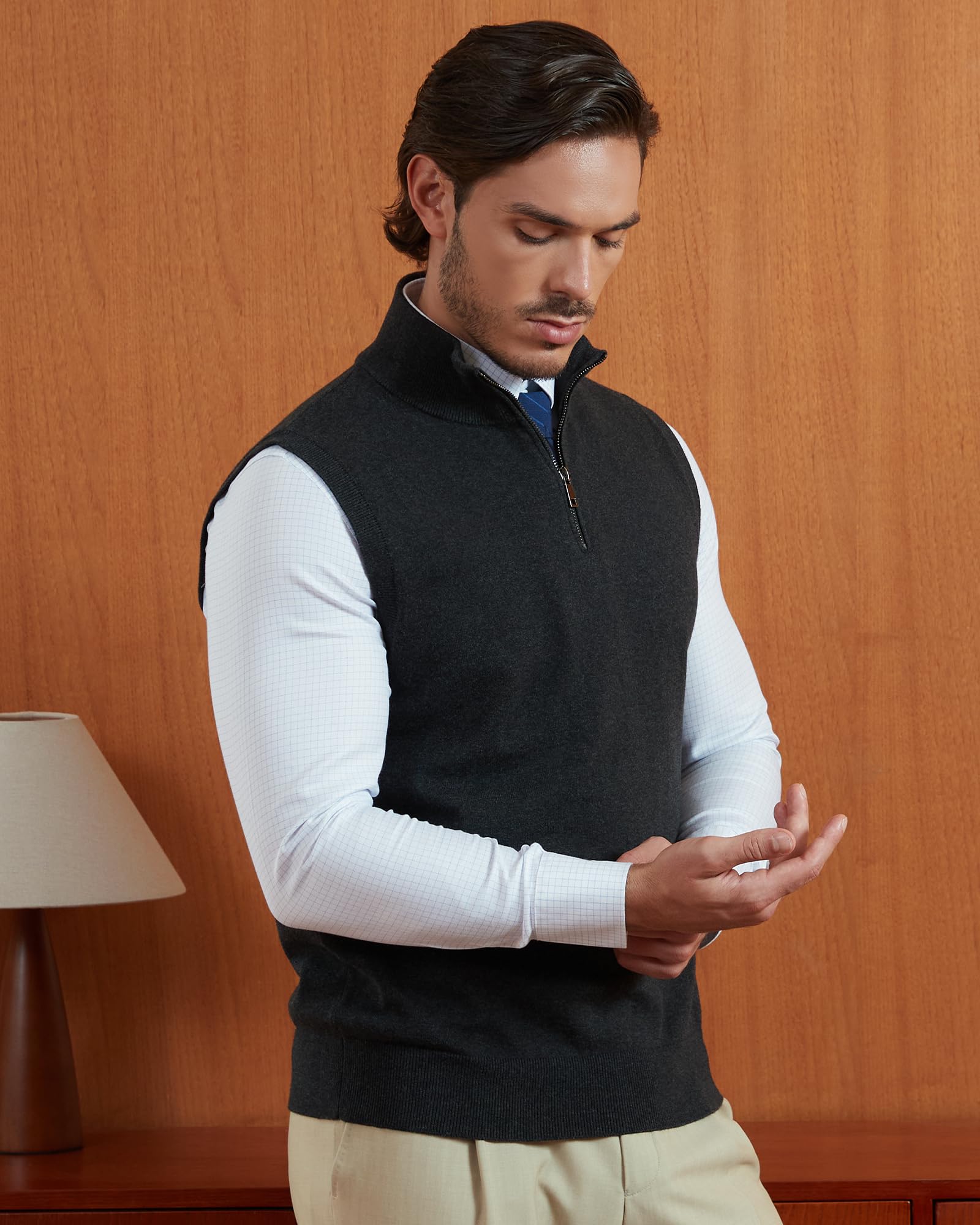 Kallspin Pullover para Hombres de Puro algodón Temporada con Cremallera Cuello Alto Tejido sólido Business sin Mangas Chaleco