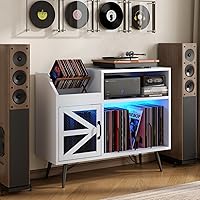 Vista 3 de Soporte Grande para Tocadiscos Blanco con Puerta Magnética, Gabinete de Almacenamiento para 350 Discos de Vinilo, Mesa para Tocadiscos con Toma