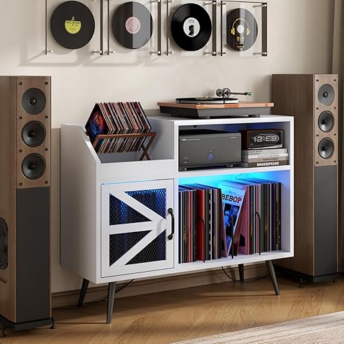 Miniatura 3 de Soporte Grande para Tocadiscos Blanco con Puerta Magnética, Gabinete de Almacenamiento para 350 Discos de Vinilo, Mesa para Tocadiscos con Toma