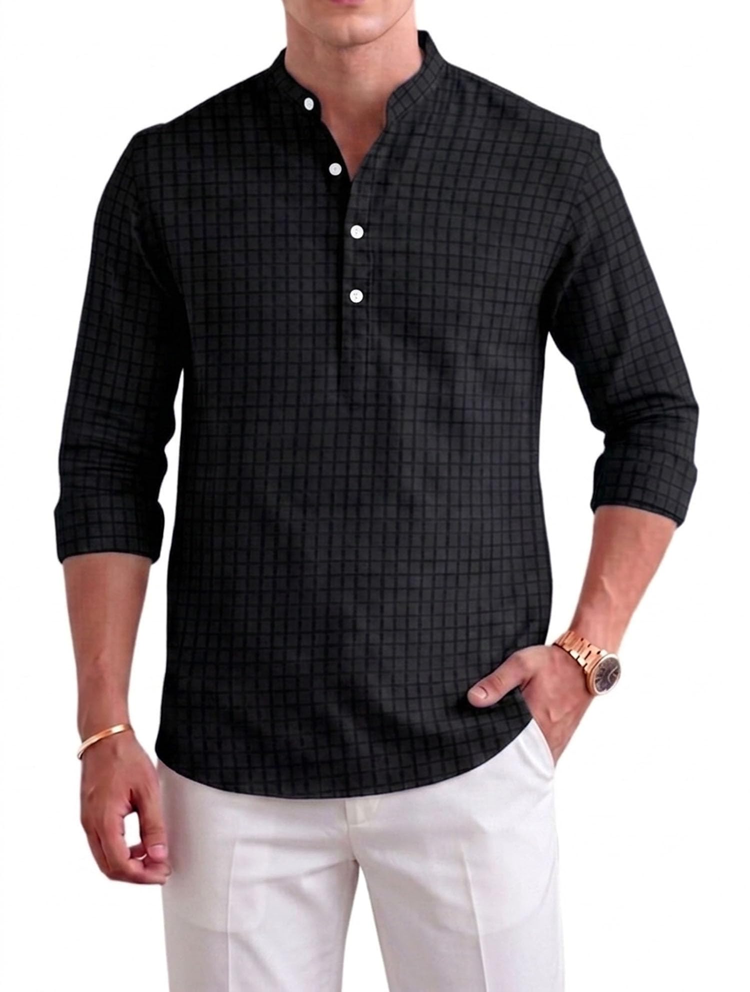 deelmo Men's Polyester Checked Short Kurta | Mandarin Collar | Full Sleeve Casual Ethnic Kurta | Regular Fit Pullover (Available in Plus Size)-picture-31