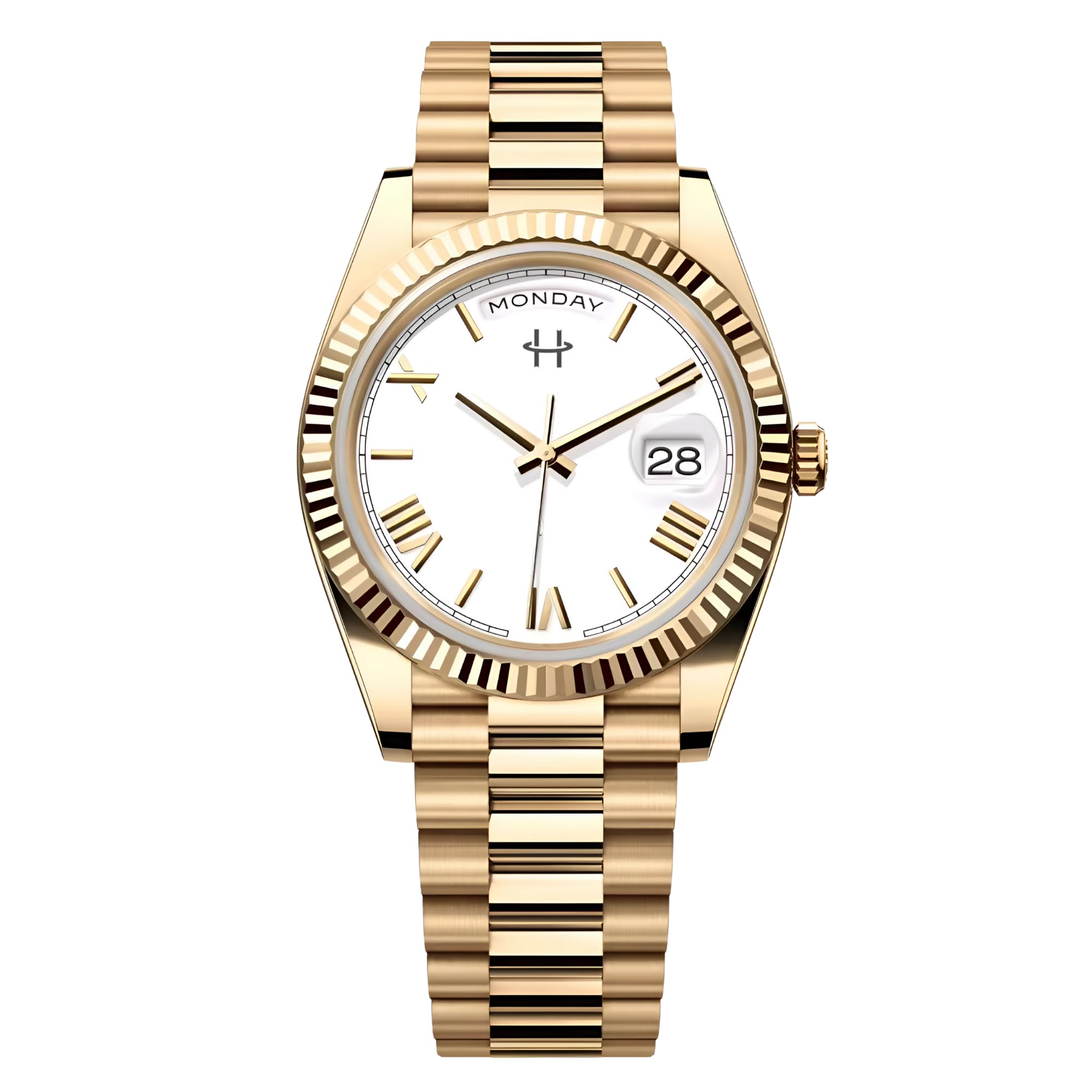 Gold Dial Watch for Men Roman Number, Analog Quartz Roman Number Watch for Men with Date and Day, Waterproof Golden Watches for Man, Luxury Gold Steel Chain Watches for Man-image-7
