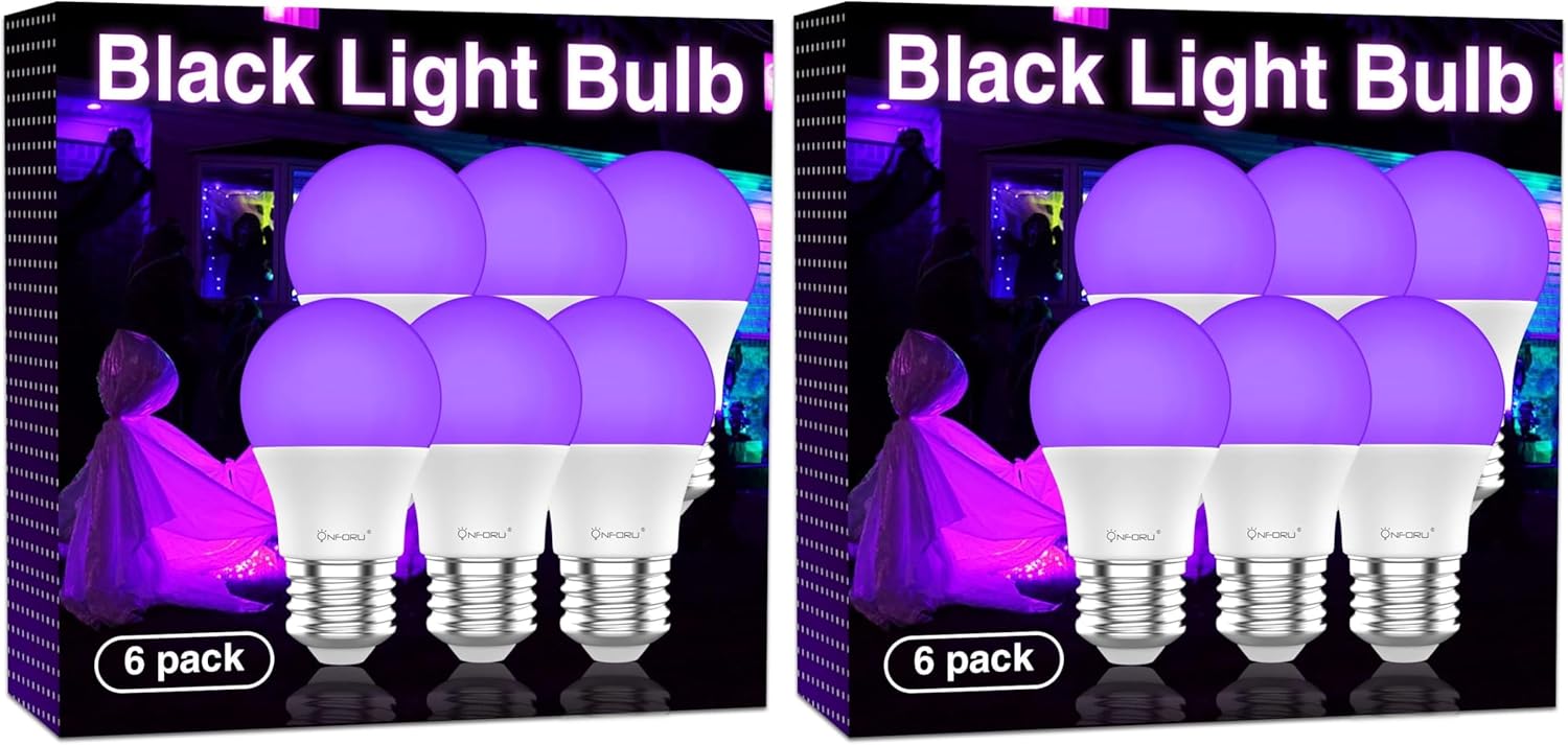 Onforu 15W LED Black Light Bulbs, A19 E26 Blacklight Bulb 120W Equivalent, Purple Bulb 385-400nm, Glow in The Dark for Halloween, Black Light Party, Body Paint, Fluorescent Poster, 12 Pack
