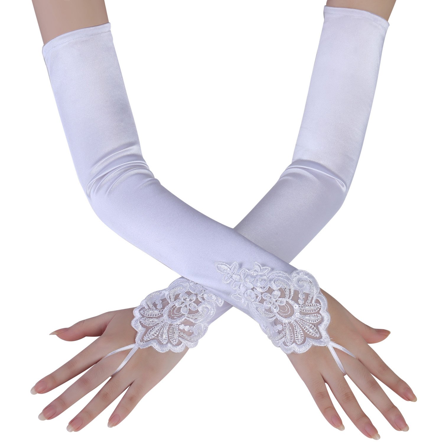 BABEYOND Long Evening Gloves Satin Elbow Gloves Bridal Fancy Dress Gloves Wedding Prom Opera Gloves 1920s Style for Women (Smooth 45cm/White)