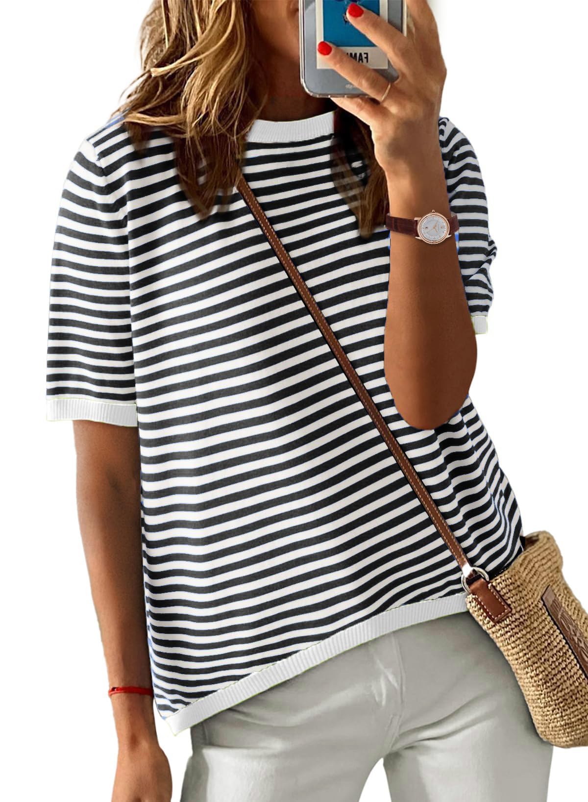 PASUDA Kurzarm T-Shirt Damen Sommer Casual Rundhals Strickpullover Oberteile Bequem Lose Gestreiftes Tshirt Damen Bluse Top