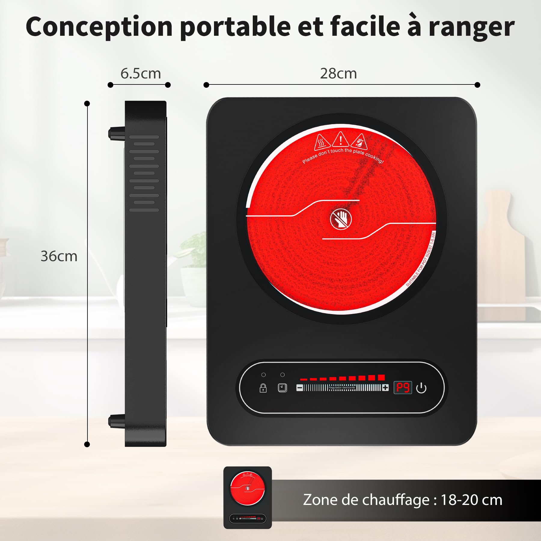 VBGK Plaque Vitrocéramique 1 Feu, 220V 2000W Plaques de Cuisson, Plaques Électrique avec Commande Tactile Led, 9 Niveaux de Puissance, Minuterie, Verrouillage de SéCurité, Geeignet für Alle Töpfe