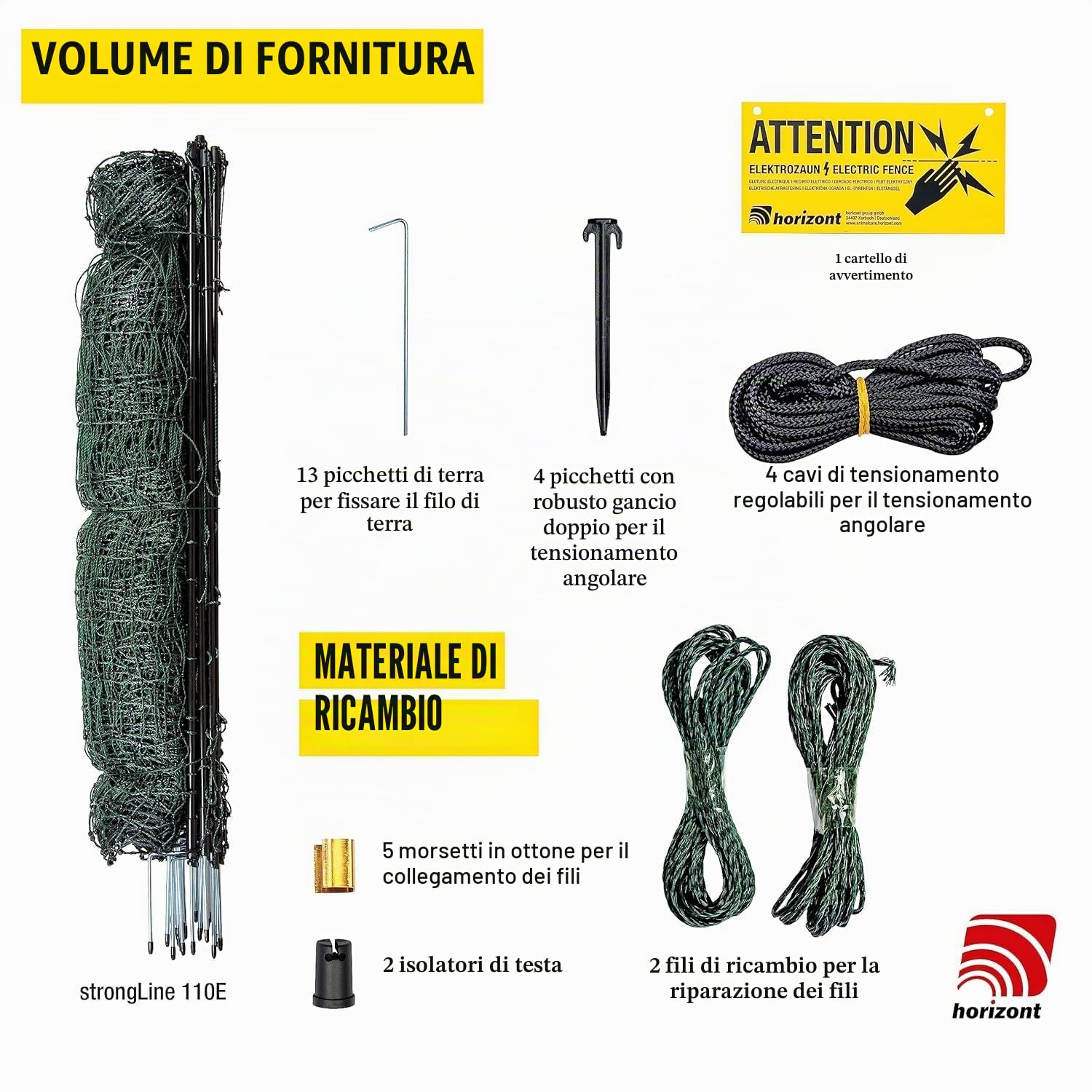 Horizont strongLine Chicken Fence Fence 50m di lunghezza, 110cm di altezza, recinzione avicola con srom, 15 pali in fibra di vetro con doppia punta, recinzione mobile, polli elettrico, pollaio