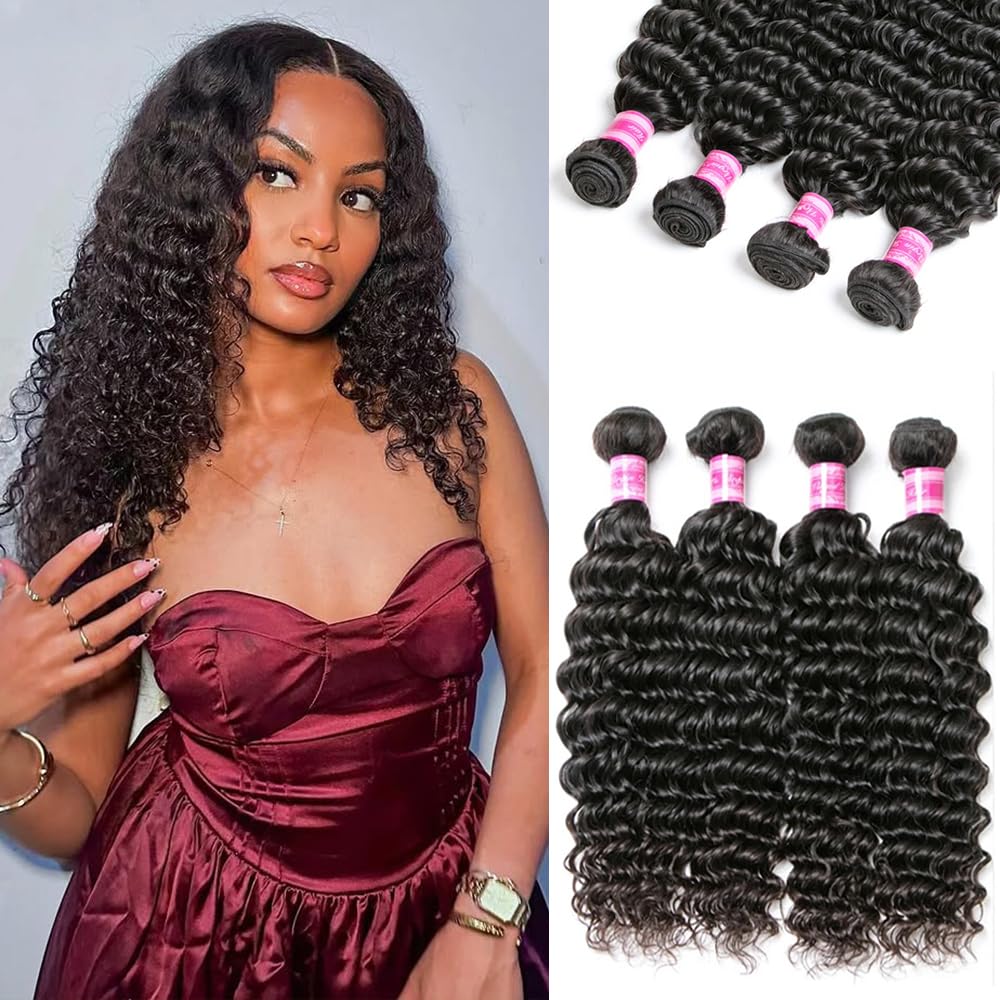 12A Brazilian Virgin Human Hair Bundles, Deep Wave 4 Bundles 100% Unprocessed Remy Hair
