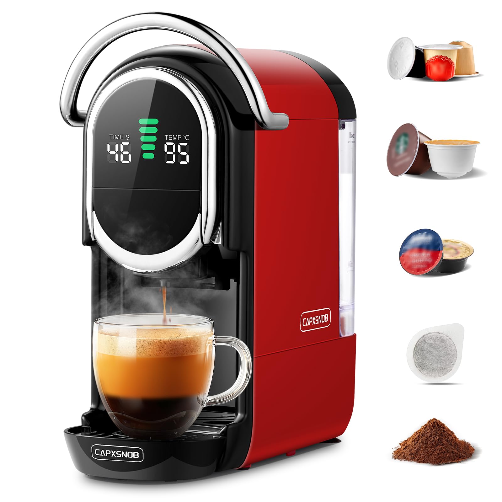 Magician1 Mini Macchina da Caffè Cialde 5in1 per Nespresso Originali, Dolce Gusto, Lavazza A Modo Mio, ESE 44 Cialde e Caffè Macinato, 20 Bar, 1450W, Display LED, Acqua Regolabili 7 Livelli (Rosso)