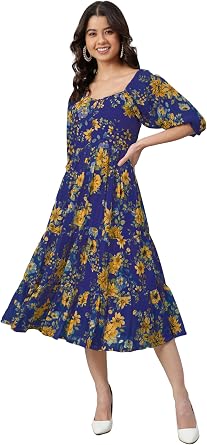 Janasya Womens Georgette Blue Floral Print Casual Wear Summer Dress for Women