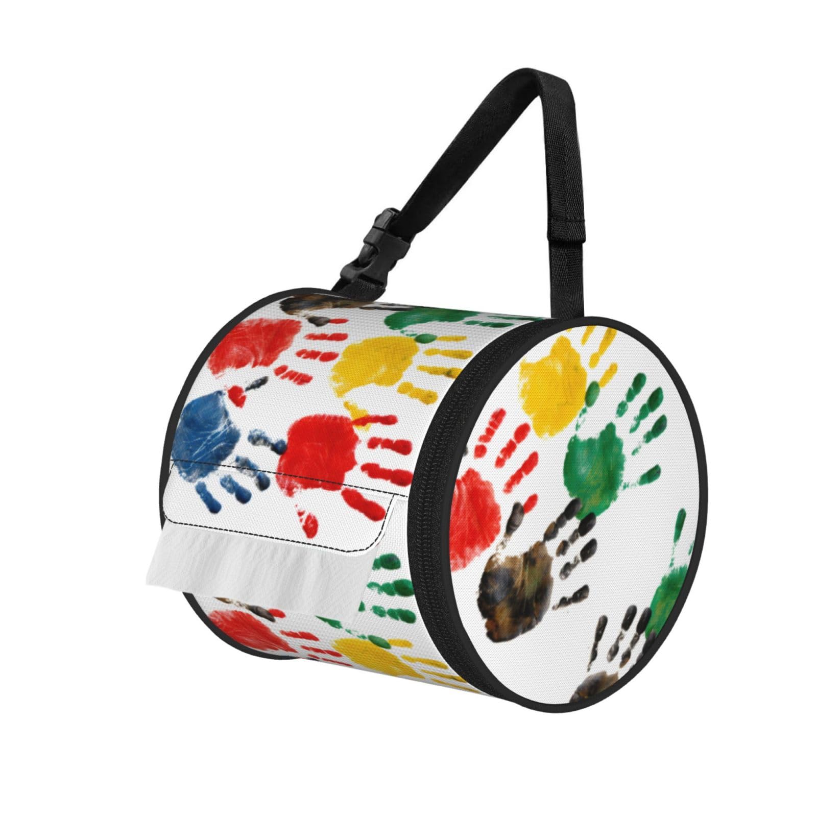 Handprints Printed Cylindrical Tissue Bag Portable Oxford Cloth, Foldable Travel Tissue Holder With Zipper And Adjustable Belt