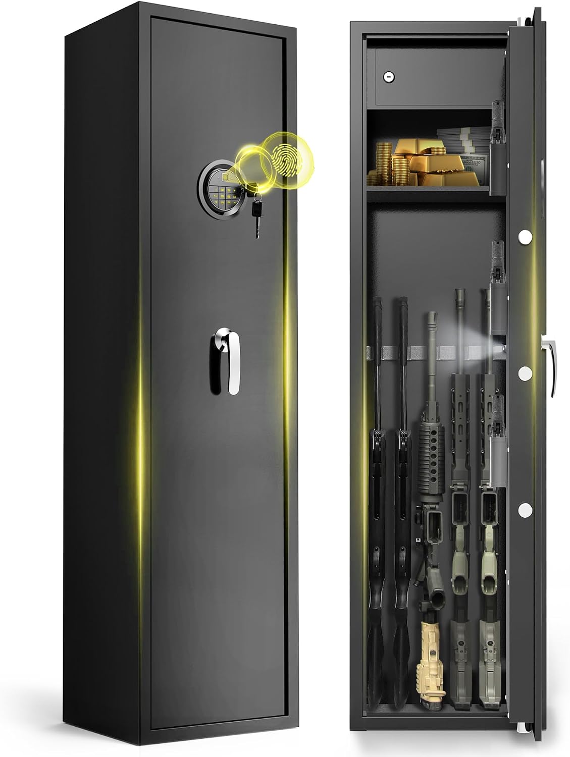 5-8 Gun Safe, Large Rifle Safe for Rifles & Shotguns, Heavy Duty Long Gun Cabinet with Biometric Fingerprint & Keyboard Access, LED Light, Dual Alarm, Removable Shelf & Adjustable Rifle Rack
