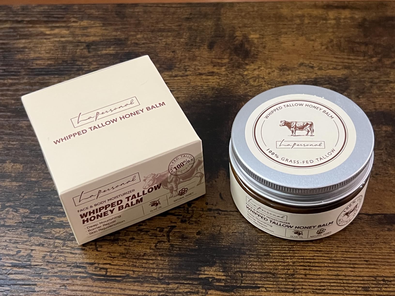 LA.PERSONAL Beef Tallow for Skin & Face – Whipped Tallow and Honey Balm Cream, Grass-Fed Beef Tallow Face Body Moisturizer with Raw Honey Organic Olive Oil, Non-Greasy, Deep Hydration for Women & Men 3.53 Oz