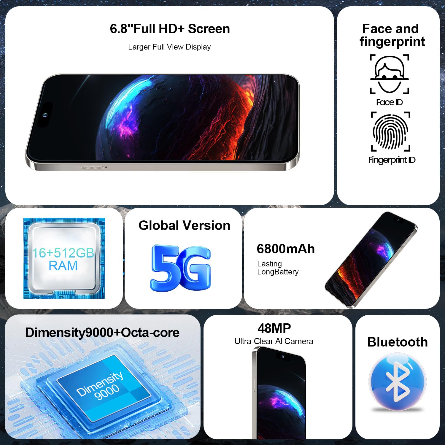 Unlocked Android Phone A15 PROMAX Android 14 Cell Phone with Dynamic Island 16GB+512GB 6800mAh,Fast Charging,HD Screen 48MP+108MP Camera Cell Phone with 5G Dual SIM Smart Phone (Natural Titanium)
