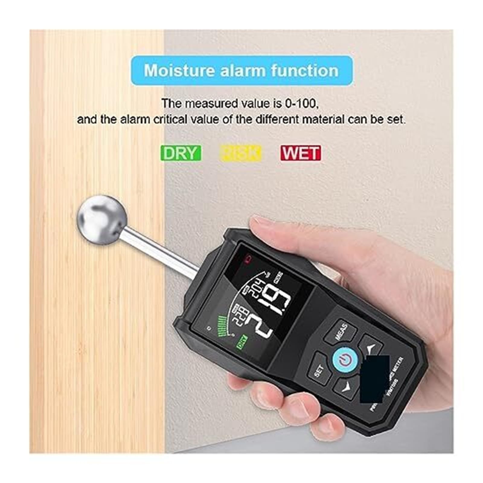 Misuratore digitale di umidità del legno con schermo LCD, tester senza contatto e funzione allarme