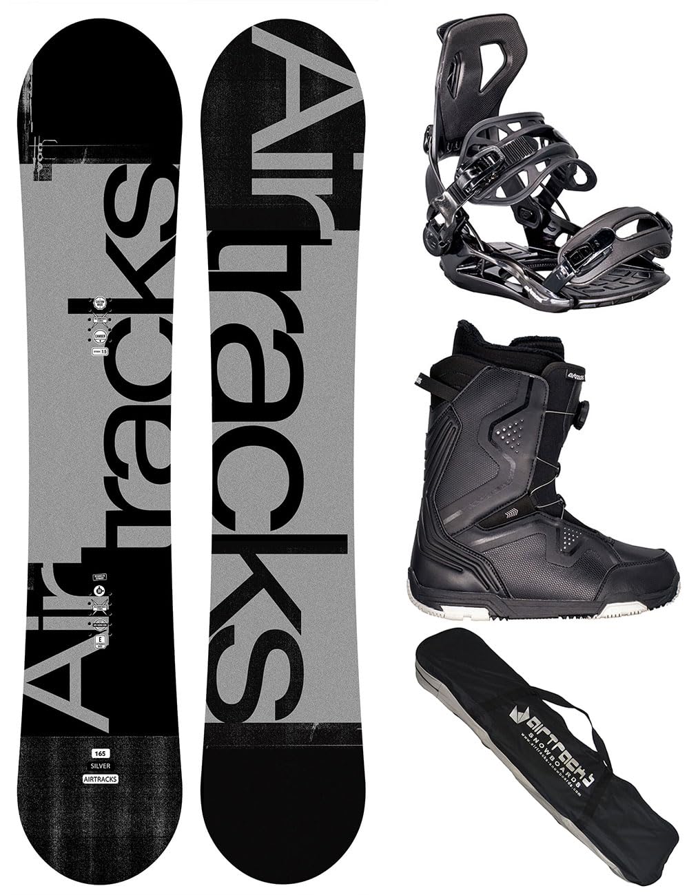 Airtracks Set snowboard da uomo Wide Silver Freestyle Freeride 159 – Snowboard Bindung Master – Softboots Strong ATOP 46 – SB Bag