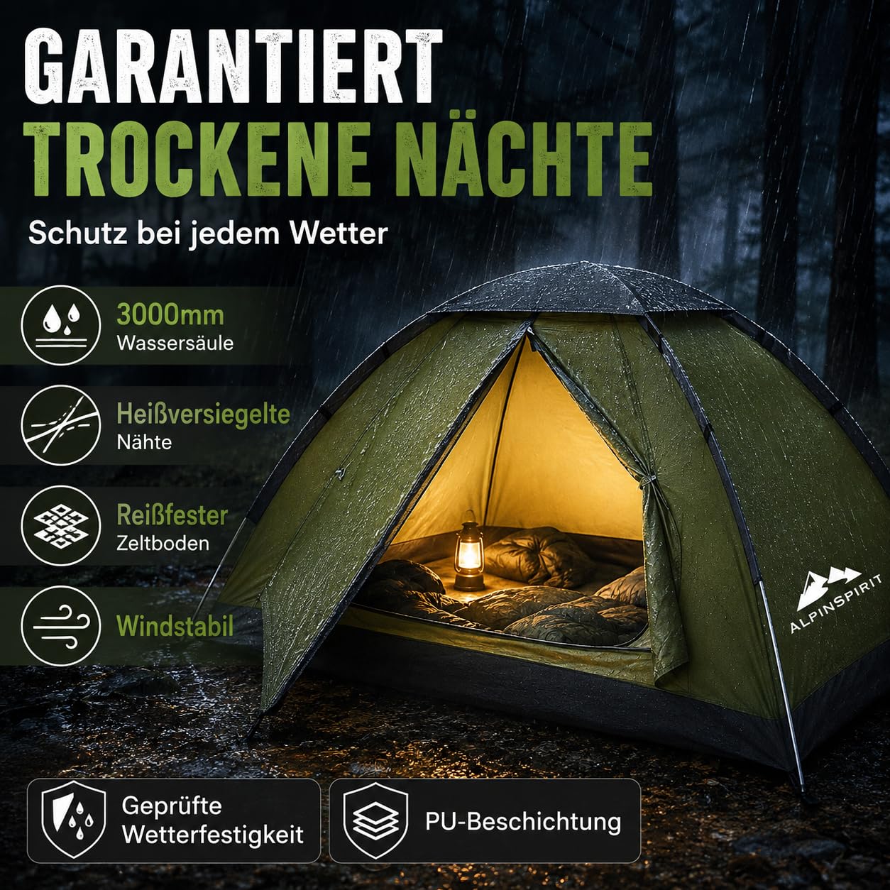 2 Mann Zelt Wasserdicht (3 Min Aufbau) – 2 Personen Zelt Ultraleicht mit 3000mm Wassersäule, Campingzelt für Trekking, Festival & Outdoor, Kuppelzelt inkl. Tragetasche, Zweimannzelt