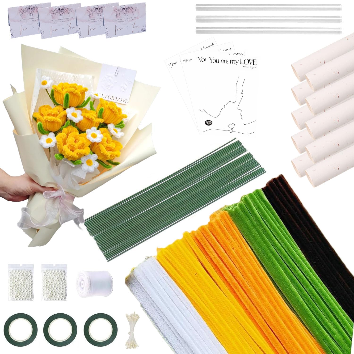 Kit Creativo Per Fiori In Ciniglia – 400 Pezzi Pulisci Pipe Rosa + Steli, Colla, Nastri Per Bouquet Fai Da Te