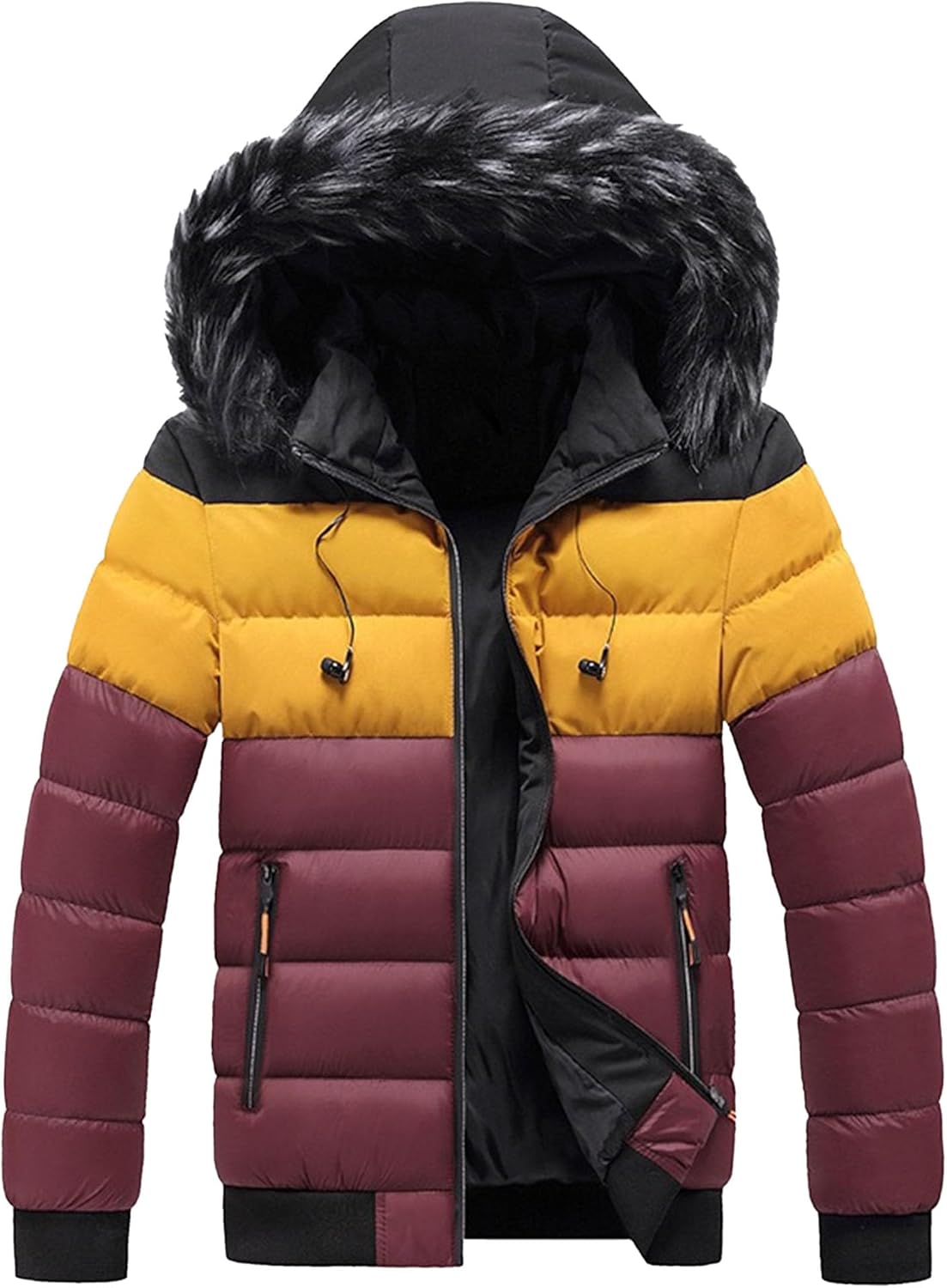 Men's Color Block Puffer Jacket Warm Winter Padded Down Coats with Fur Hood Windproof Insulated Quilted Jacket