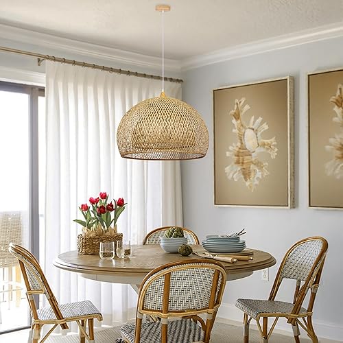 Miniatura 10 de Arturesthome Lámpara colgante de bambú para isla de cocina, candelabro de mimbre de 17.6 pulgadas, luz de techo colgante tejida a mano para sala de
