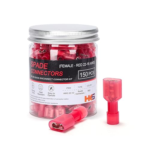 HKS Conector de desconexión rápida de pala hembra de nailon, 150 piezas, kit de conectores de cable eléctrico rojo 22-18 AWG, cobre estañado,