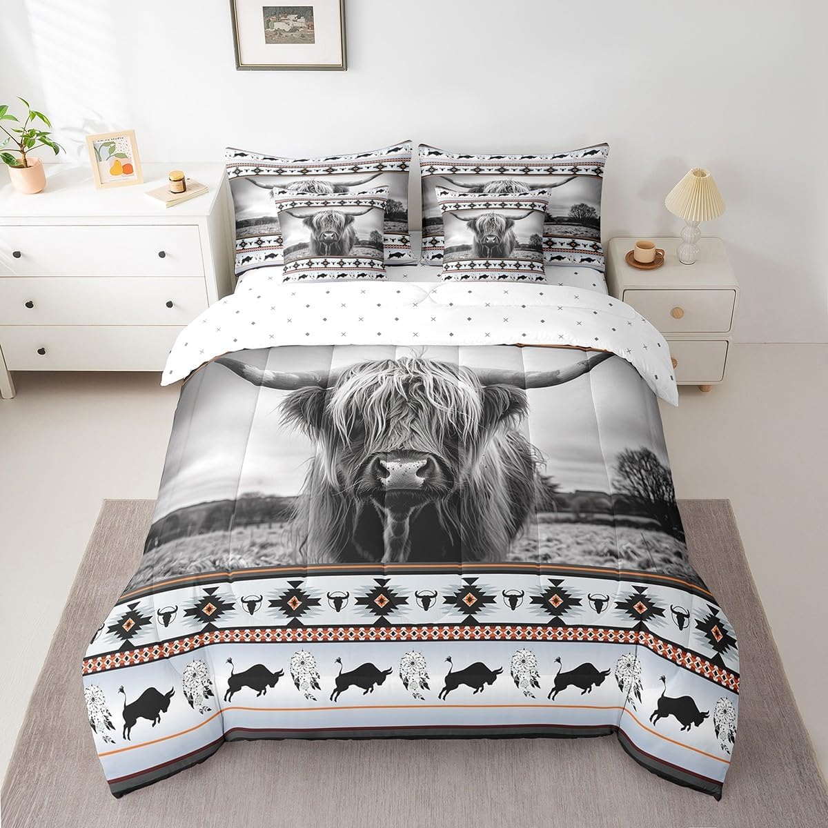 Highland Cow Bed in a Bag Queen Comforter Set 7 Piece,Ethnic Tribe Arrow Longhorn Bull Cattle Bedding Sets Cowboy Western Animals Sheet Set,Bohemian Exotic Nordic Style Dreamcatcher Bed Set