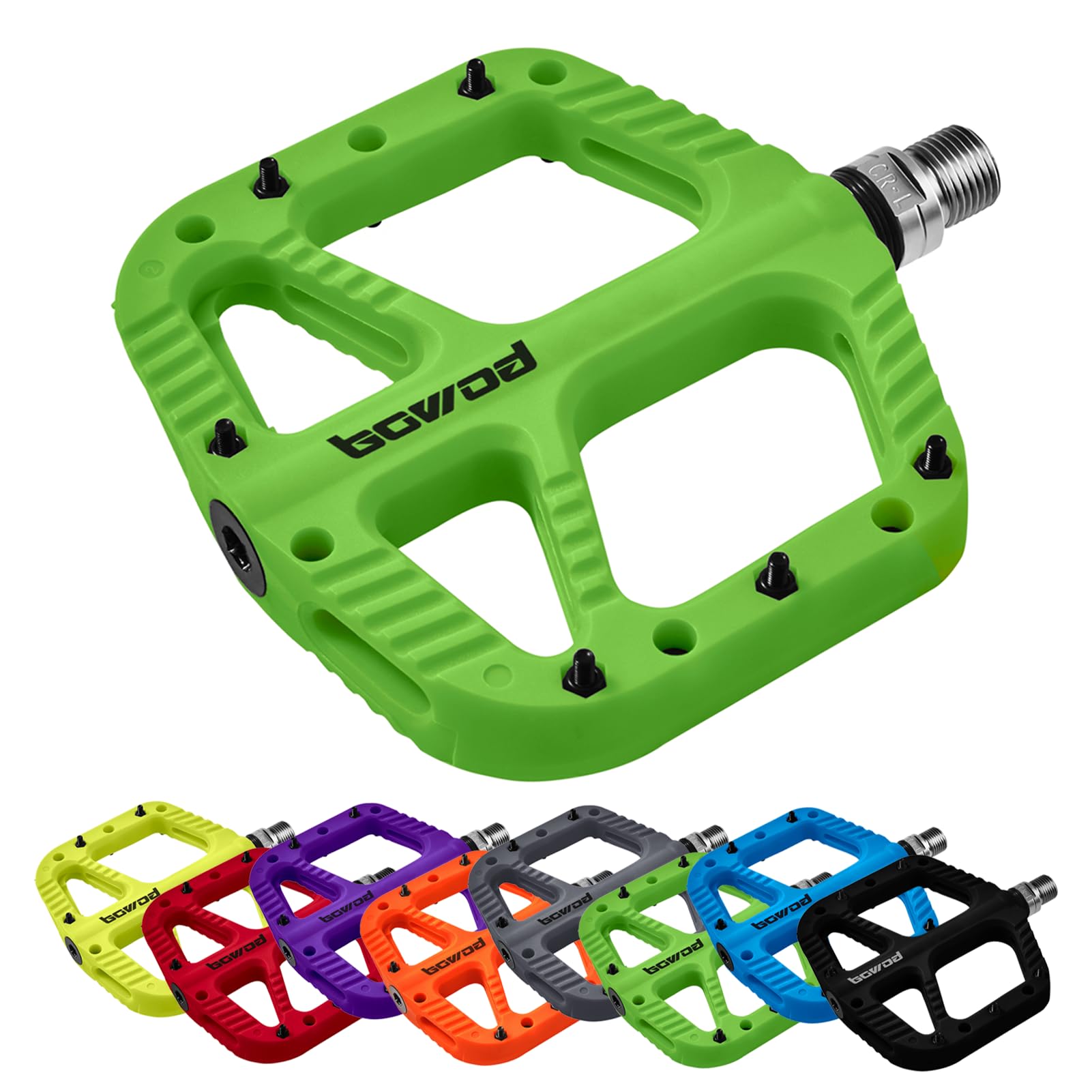 BOWOD Large Bicycle Pedals Mountain Bike Pedals Clipless MTB Pedals Road Bike Pedals Replacement use, Nylon Fibre Flat Platform w 9/16inch Cr-Mo Spindle 2Bearings 12Pins