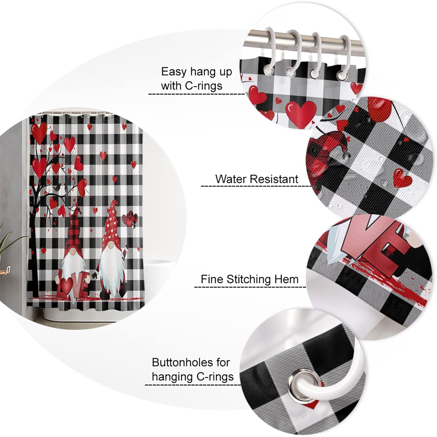 Valentines Day Gnomes Shower Curtain Red Love Heart Shower Curtains for Bathroom Decor Black Buffalo Plaid Bath Curtains Sets with Hooks for Valentines Day Home Decor Waterproof Extra Long 72 x 96