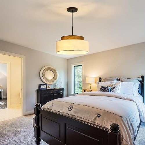 Miniatura 6 de Lámpara colgante de granja de 3 luces, lámpara colgante de tambor de 2 niveles con pantalla de tela de 13 pulgadas, lámpara colgante rústica para