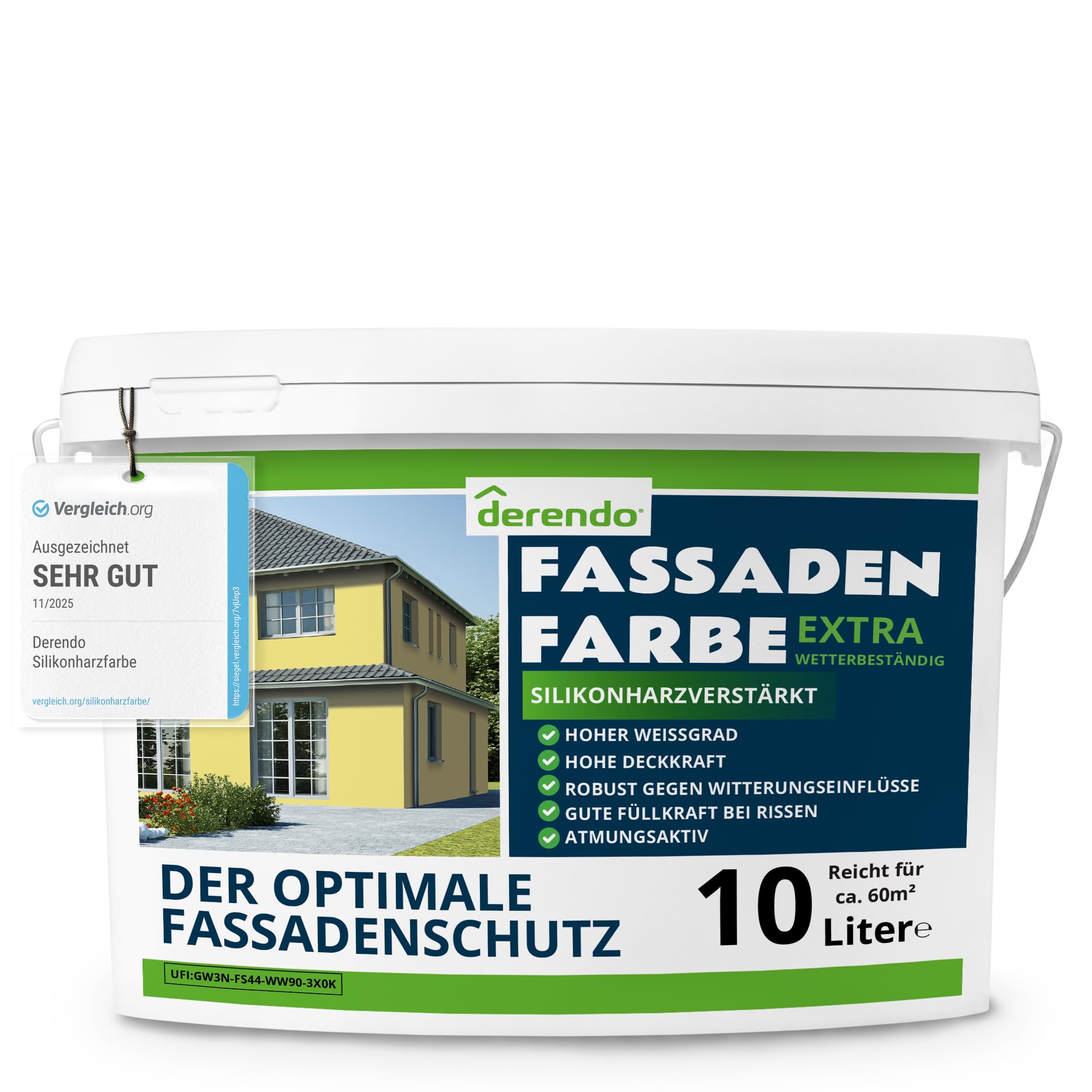 derendo Fassadenfarbe Gelb EXTRA silikonharzverstärkt aussen Cremegelb 10l | Für Putz Beton, Abperleffekt, wasserabweisend, UV-beständig, hohe Deckkraft, rissfüllend, diffusionsoffen, Made in Germany