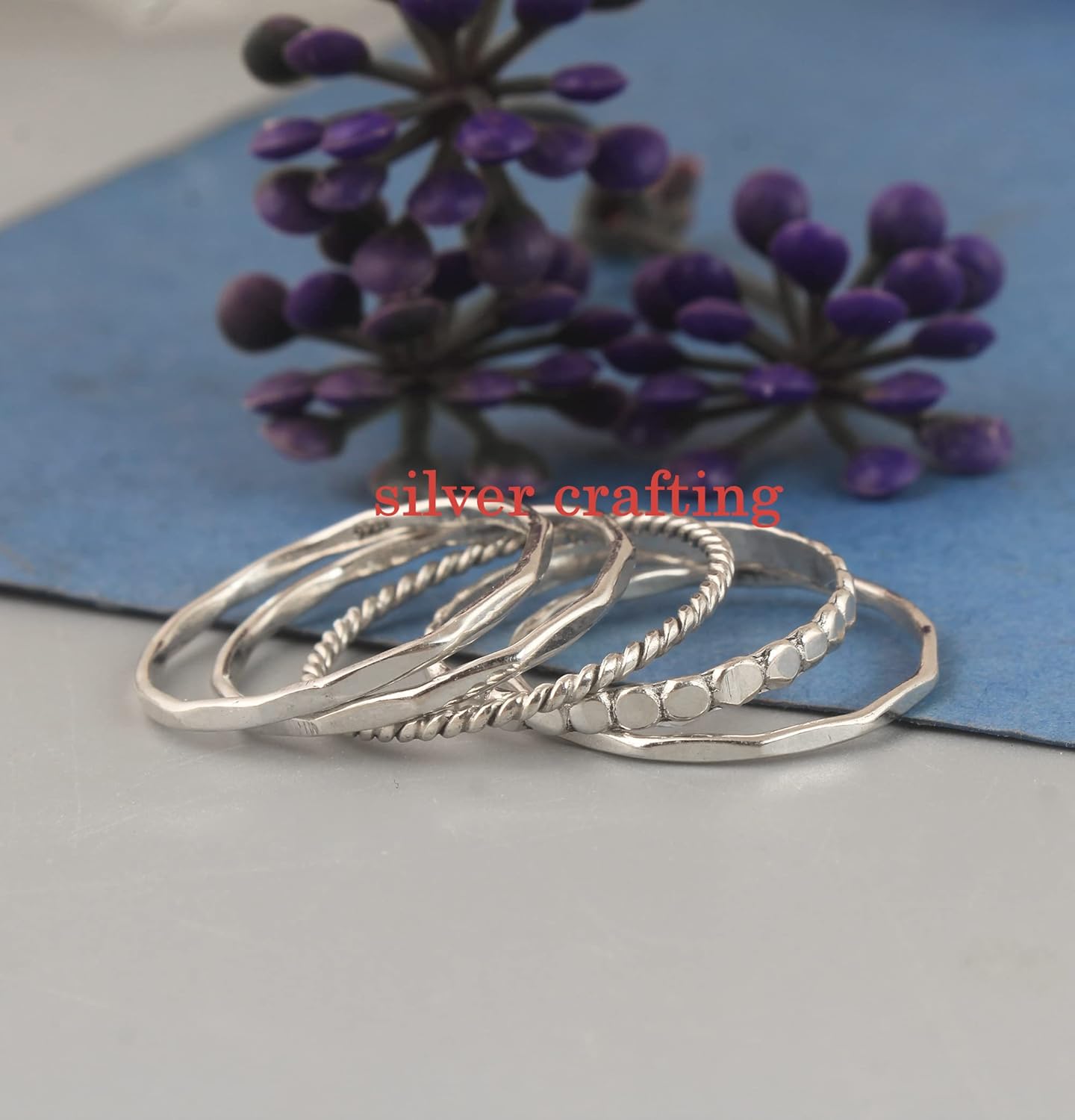 Set of Five Mixed Stacking Sterling Silver Ring Modern Handmade stacking set beaded twisted hammered ring jewellery gift