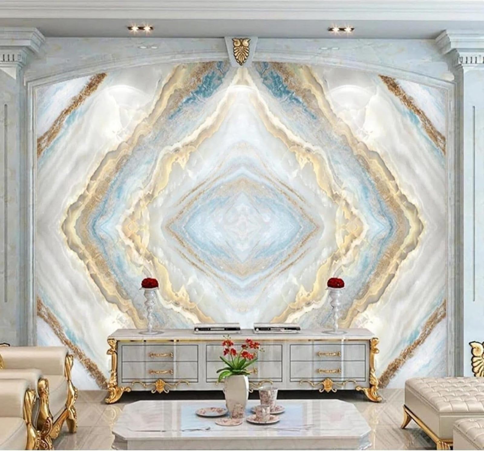 Tzxztt Abstract Creative Blue Marble Effect Pattern Modern 3D Wallpaper Premium Textured Silk Neutral Tones Material Ideal for Living Room Bedroom-150cm×105cm