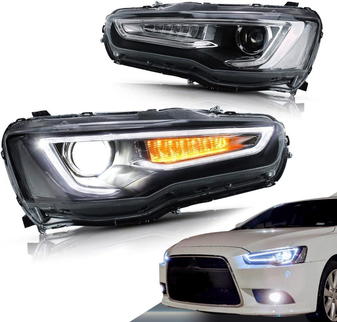 VLAND Led Headlights Compatible with Lancer& EVO X 2008-2020 Projector Front lamp Assembly w/Clear Lens w/Sequential w/Black Housing