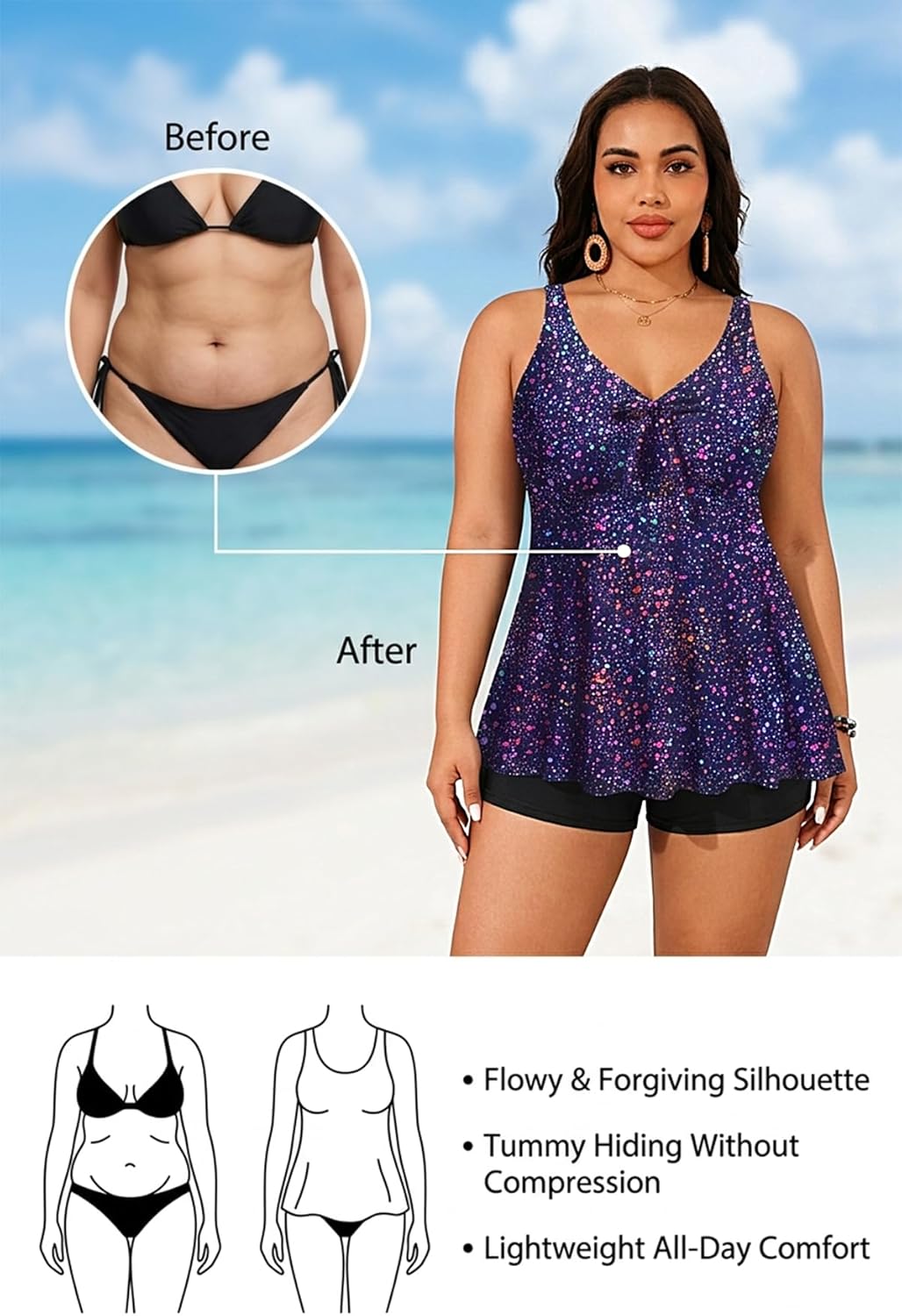 Plus Size Tankini Tops for Women Only - Flowy Bathing Suits Tops Modest Swimsuit No Bottom