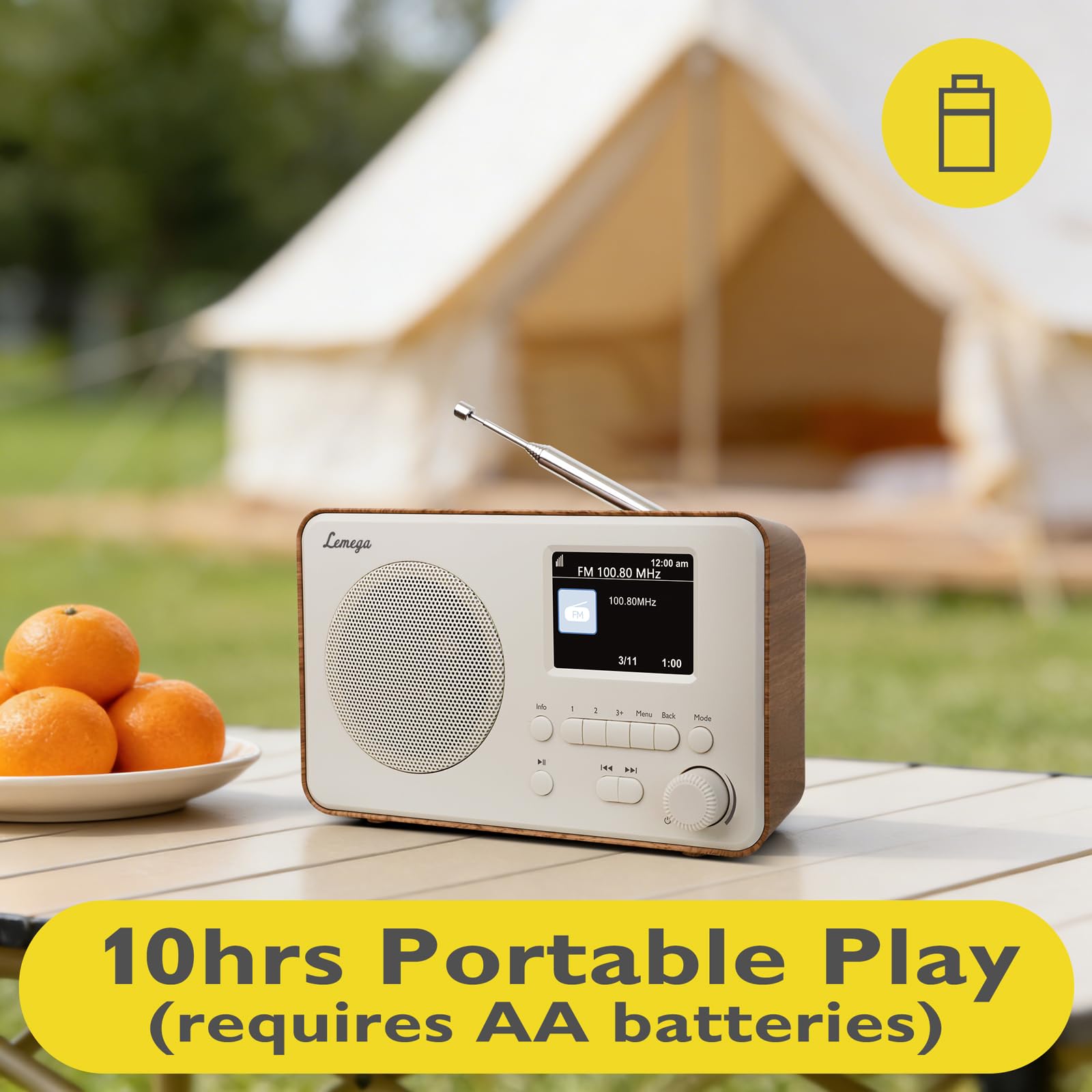 LEMEGA DR3-Max DAB+/DAB/FM Digitalradio – Mit Bluetooth, tragbares Radio mit 2,4 Zoll Farbdisplay, 80 Speicherplätzen, Kopfhöreranschluss, Netz- oder Batteriebetrieb,Walnuss