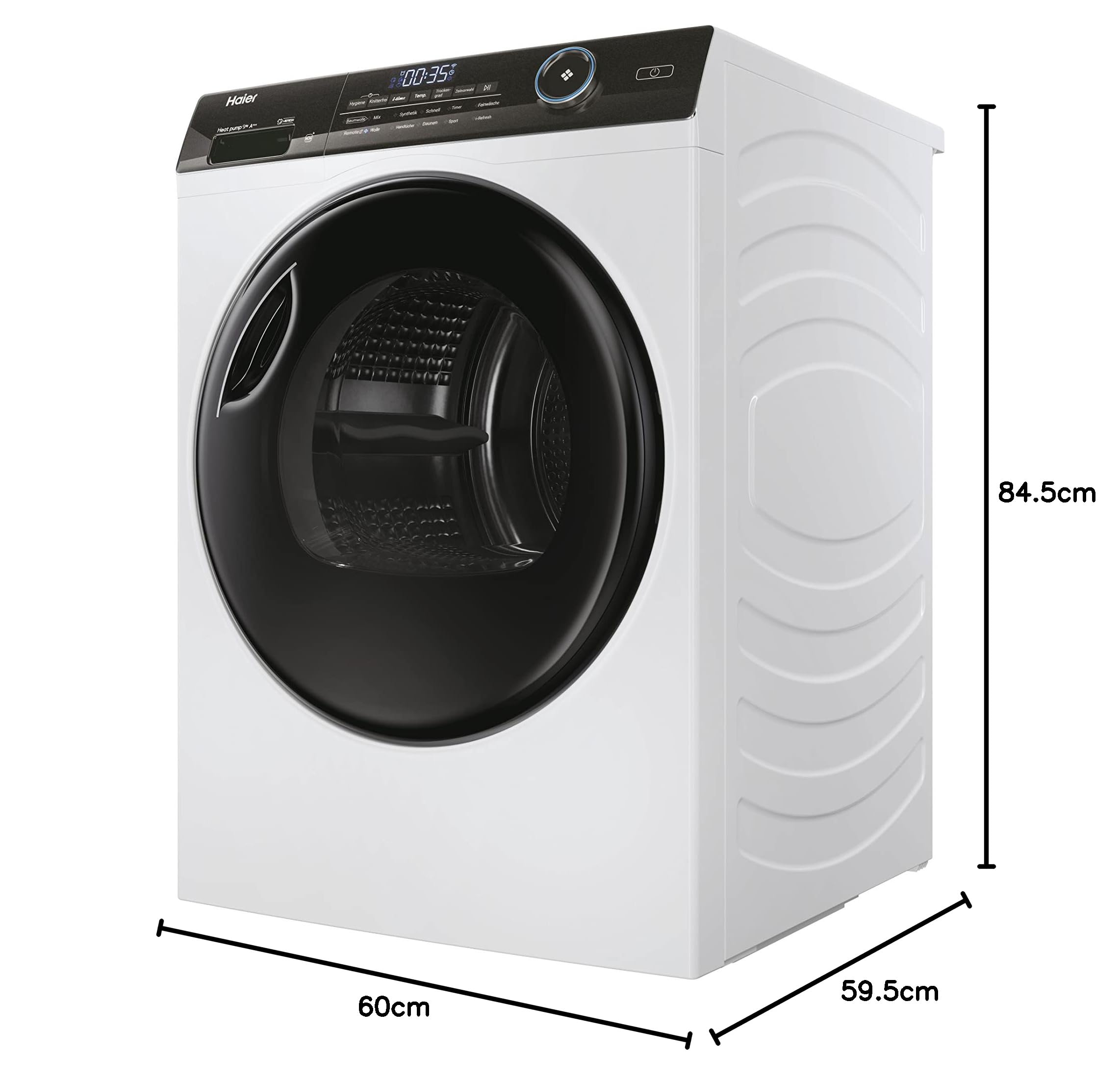 Haier Wärmepumpentrockner 9kg I-PRO Serie 5 HD90-A3TEAM5 | Smart Home: Wi-Fi & hOn App, Inverter-Motor, 3 Trockenstufen wählbar, Edelstahltrommel, I-Refresh Dampfprogramm