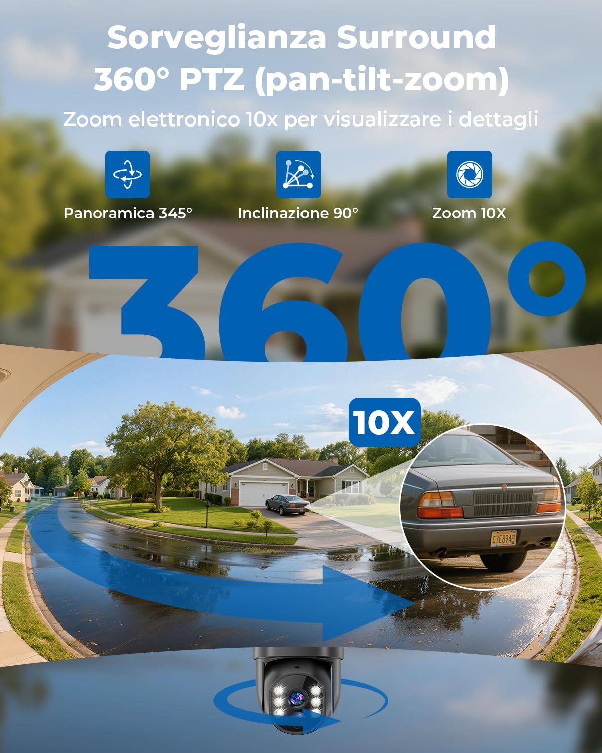 WESECUU Telecamera WiFi Esterna senza Fili Solare 2.5K 4MP con Pannello Solare 5W, Wi-Fi 2.4G e 5GHz, Registrazione Continua 24/7, Batteria 8000mAh, Monitoraggio Automatico PTZ a 360°, IP66, PIR