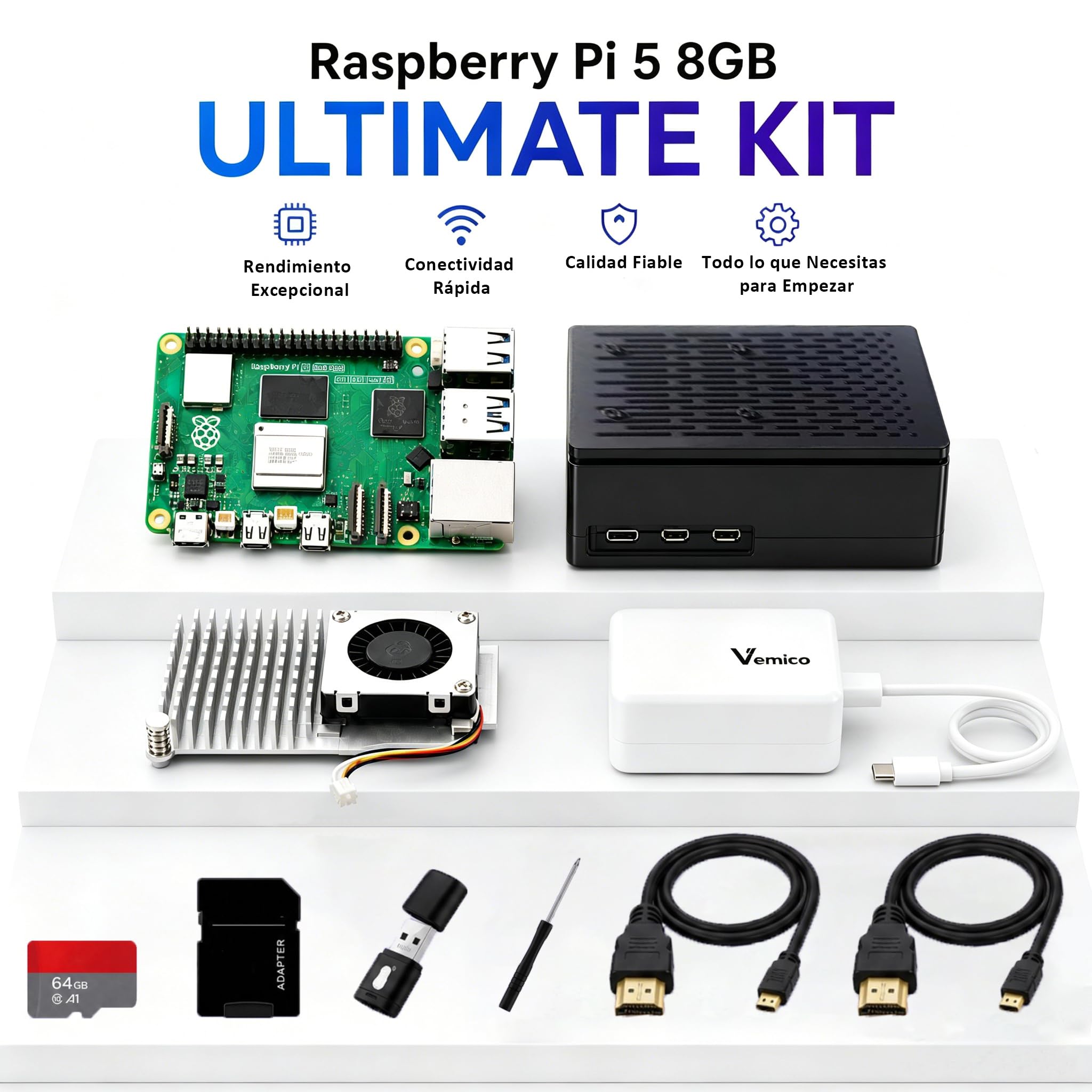 Vemico Raspberry Pi 5 Kit 8GB RAM 64GB Edition | 27W GaN 5.1V5A USB C Alimentazione,Active Cooler,64GB Tarjeta,Dual 4K HD Out Cable,Pi 5 8GB Board,Pi 5 Carcasa,Manual Usuario